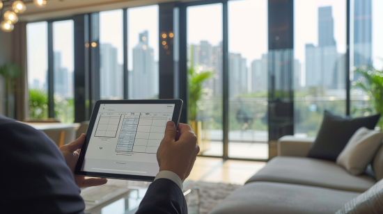 Consulente immobiliare utilizza un tablet per calcolare il valore IMU in un ufficio di lusso con vista sulla città.