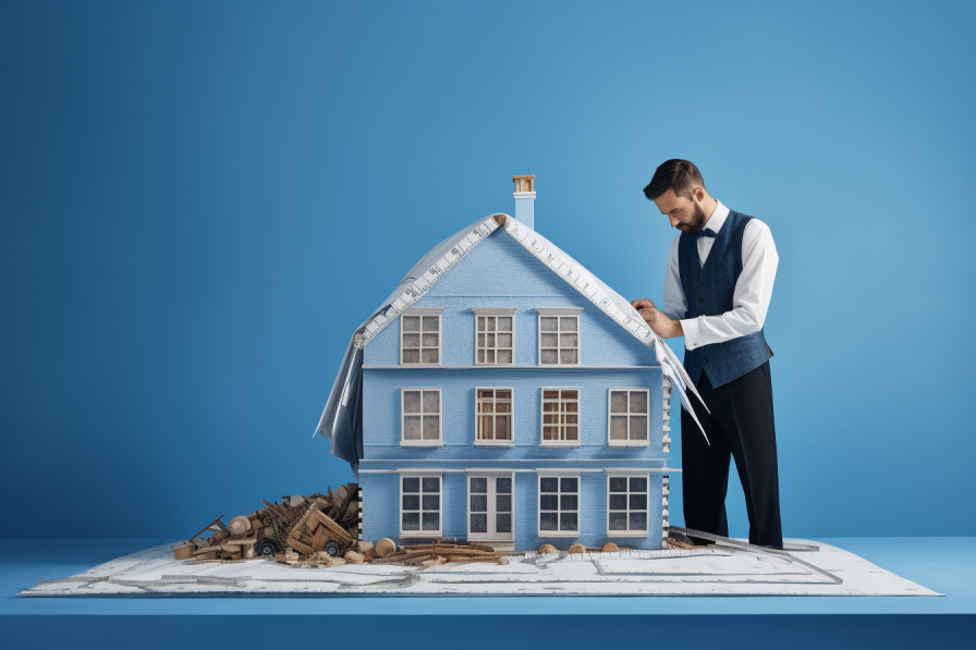 Un professionista di Pregio Immobiliare misura una casa blu utilizzando un grande metro, simbolo di precisione e attenzione ai dettagli nella gestione immobiliare.