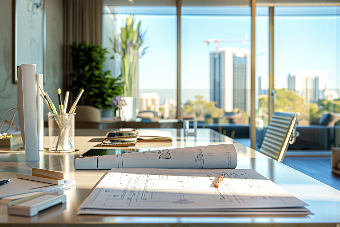 Un ufficio moderno e luminoso con ampie vetrate che offrono una vista panoramica sulla città. Il tavolo contiene vari oggetti d'ufficio, tra cui penne, un computer, un telefono, e documenti architettonici arrotolati.