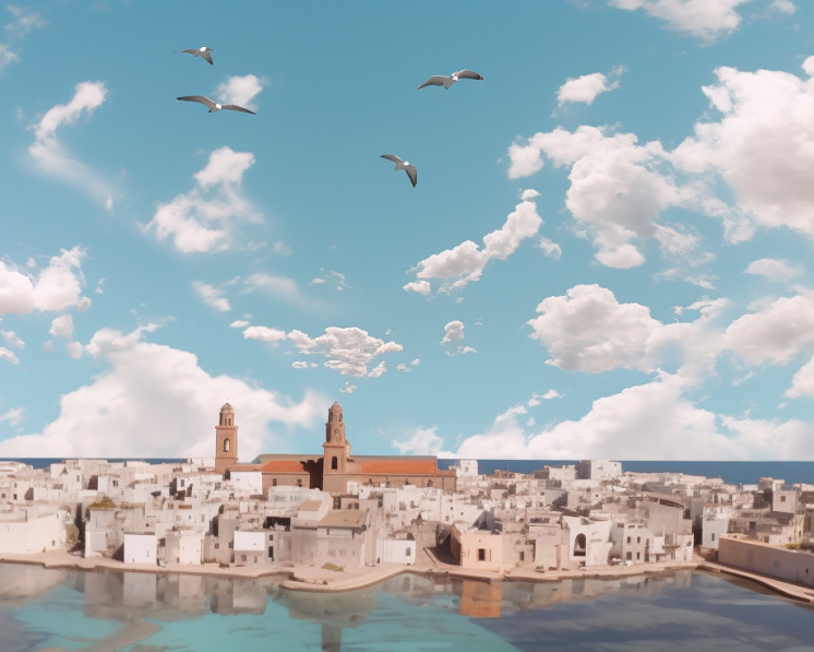 Vista panoramica di una città costiera con edifici bianchi riflessi nel mare e un cielo limpido con alcune nuvole, simboleggiando la sostenibilità ambientale.