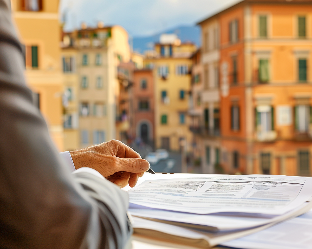 Close-up of a real estate agent's hand pointing to tax documents with a blurred background of colorful Italian residential buildings.
