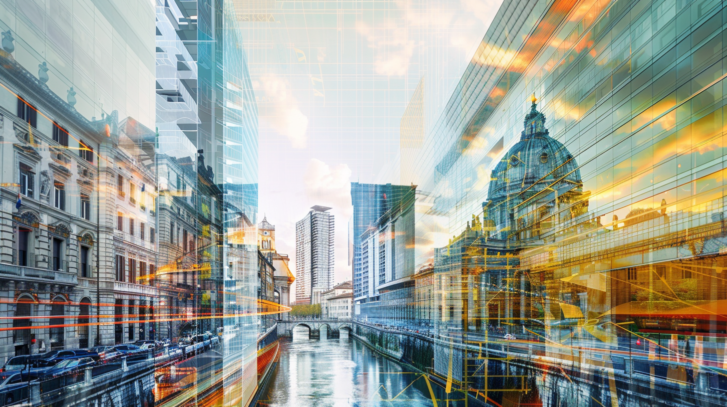 Una fusione dinamica di scene urbane italiane con edifici moderni e storici, strade trafficate e scorci di canali, il tutto sovrapposto per creare un'immagine vibrante e multistrato che rappresenta il mercato immobiliare italiano.
