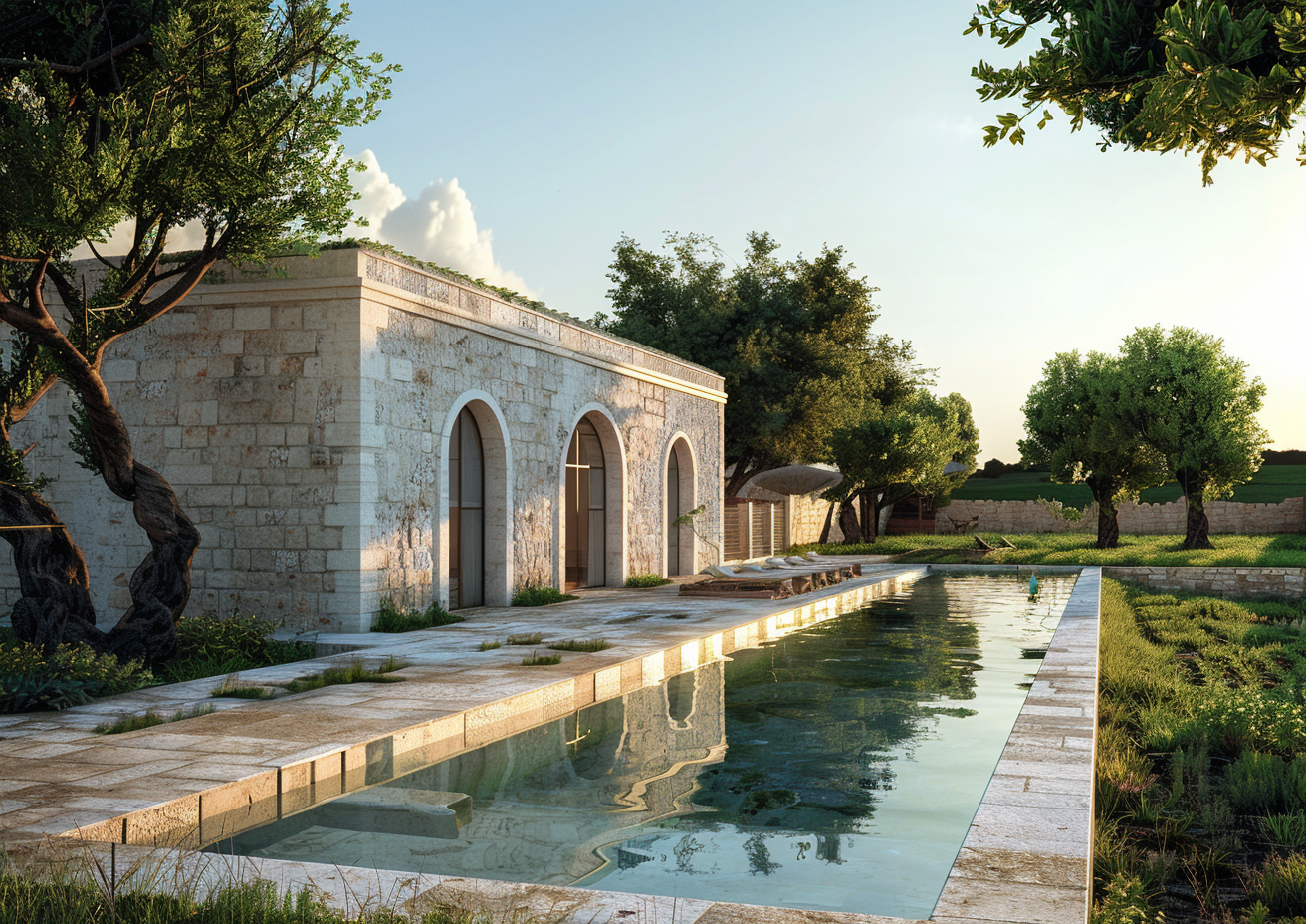 Una villa lussuosa con un lungo specchio d'acqua, archi in pietra, e un giardino accuratamente curato in campagna.