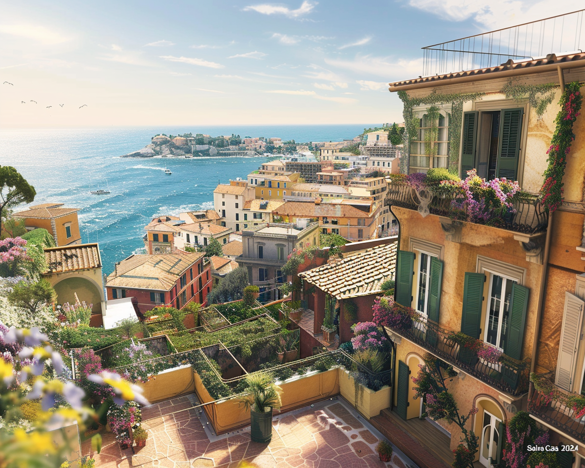 Una vista scenica di un borgo costiero italiano con edifici vivaci, giardini rigogliosi e il mare sullo sfondo, vista da un balcone adornato di fiori.