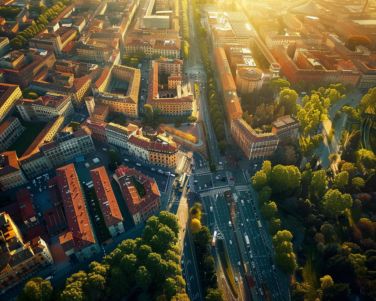 Vista aerea di una città italiana all'alba, con edifici illuminati dal sole nascente e strade trafficate che si intersecano tra aree verdi e architettura storica.