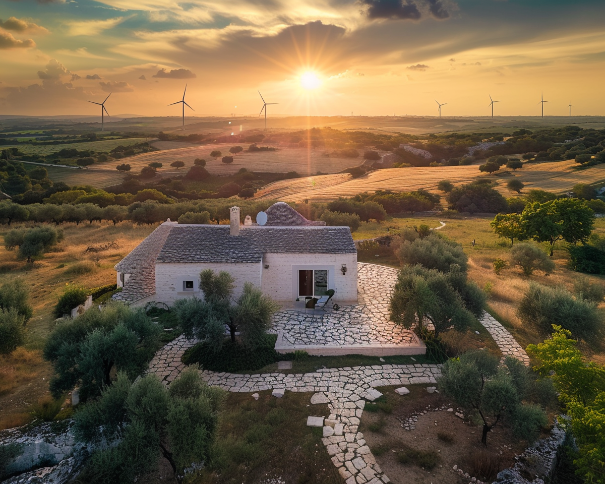 Vista aerea di un casale in pietra immerso nella campagna pugliese al tramonto, circondato da ulivi e con turbine eoliche sullo sfondo.