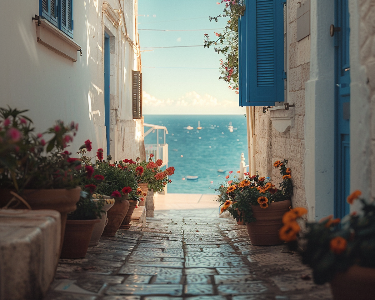 Vicolo acciottolato con vasi di fiori colorati che conduce al mare cristallino, nel centro storico di Monopoli, Puglia