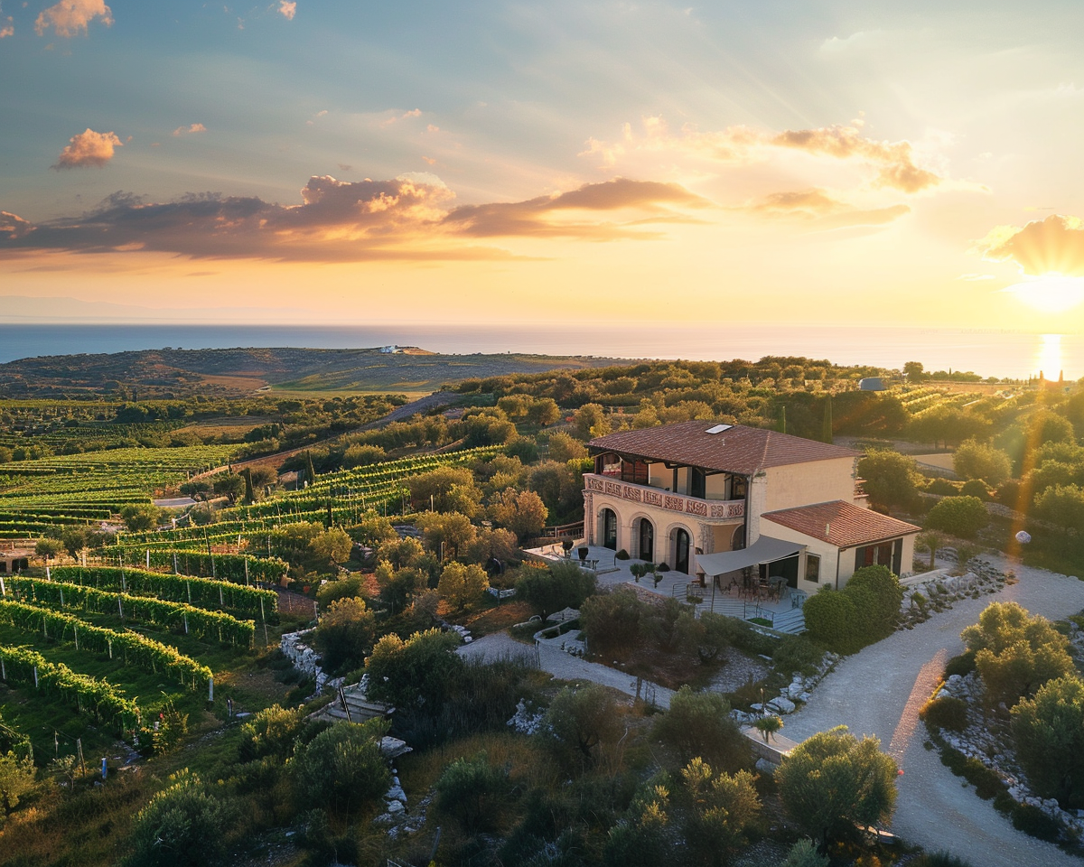 Vista aerea al tramonto di una tenuta di lusso immersa tra uliveti e vigneti nella Valle d’Itria, con vista mare
